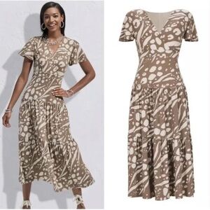 Cabi Swoon Dress Midi Tiered Swing Work Leisure Taupe Flutter Sleeve Cutout